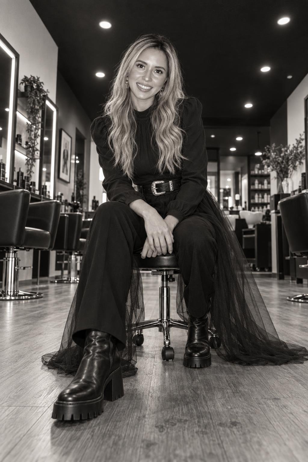 Viviana Moshe sentada en un banco de salón, en blanco y negro.